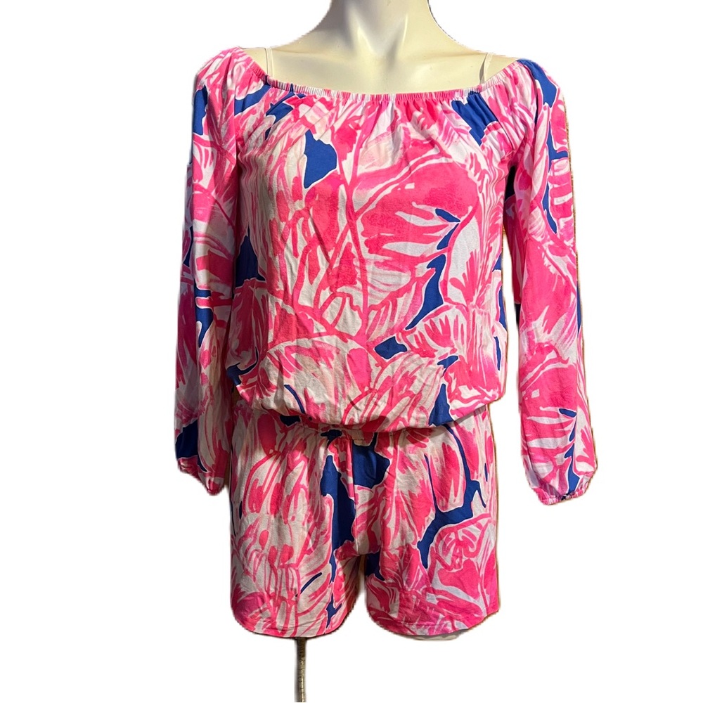 Lilly Pulitzer Lana Romper tropical print Tiki Pink Beach Bliss S